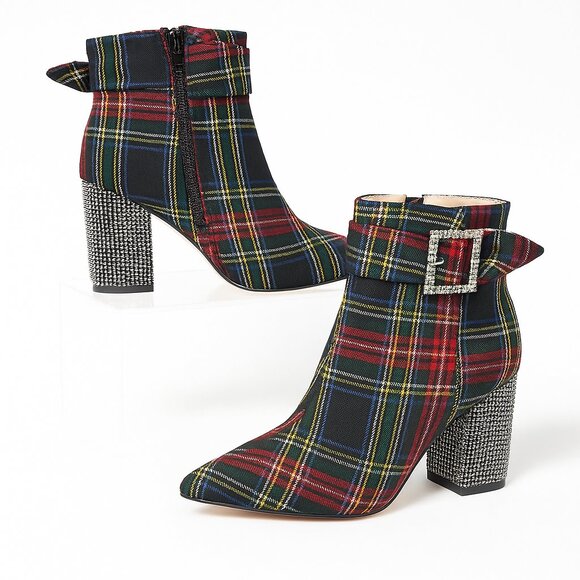 Betsey Johnson Millburn Plaid Ankle Boots with Rhinestone Block Heel – Size 9M - Picture 1 of 10